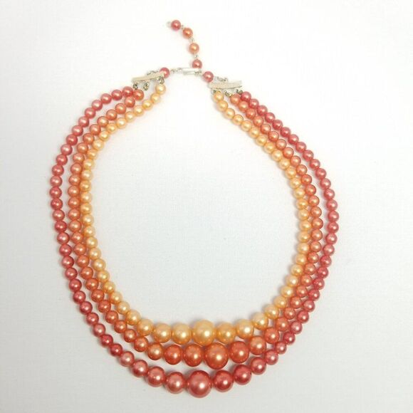 Vintage Orange Ombre Three Strand Beaded Necklace, Adjustable Hook Clasp, Japan - Picture 3 of 7